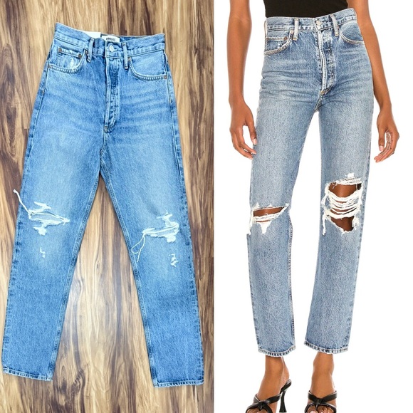 Agolde High Rise Distressed Blue Jeans - Picture 1 of 5